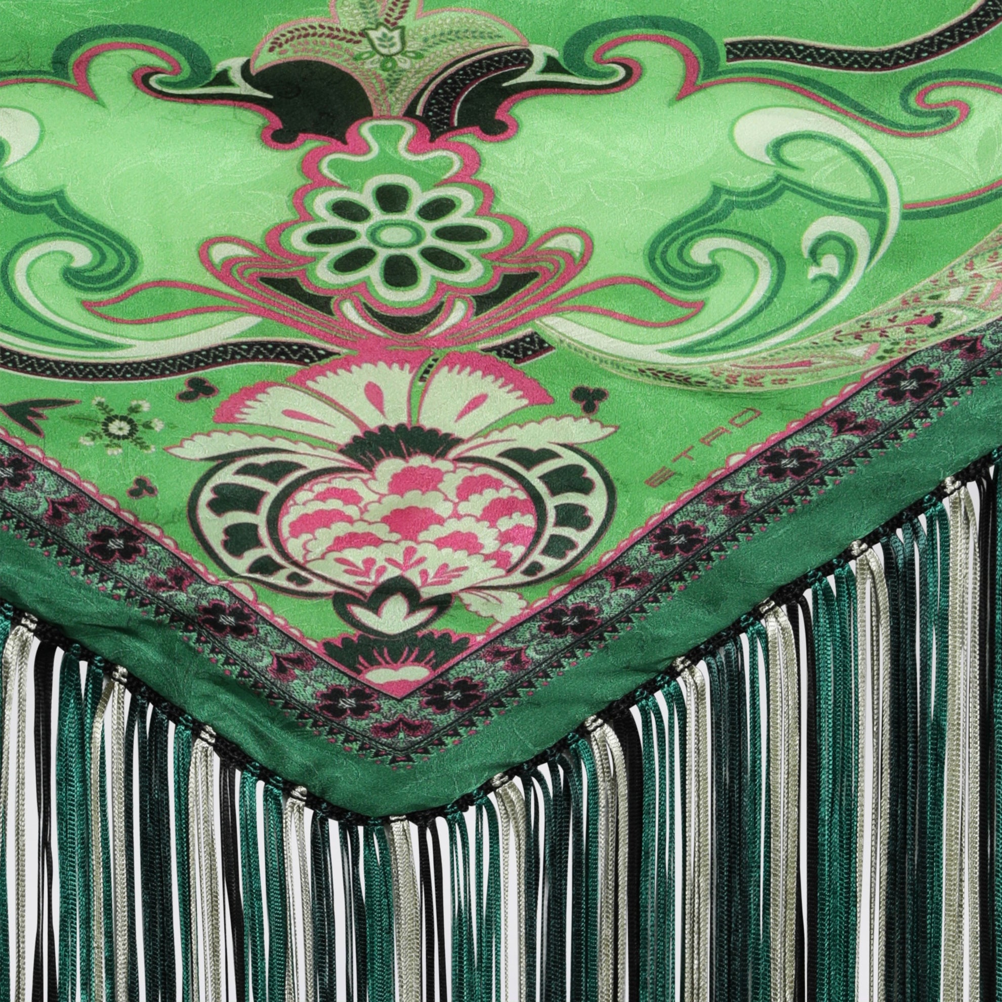 Green silk jacquard scarf with fringes