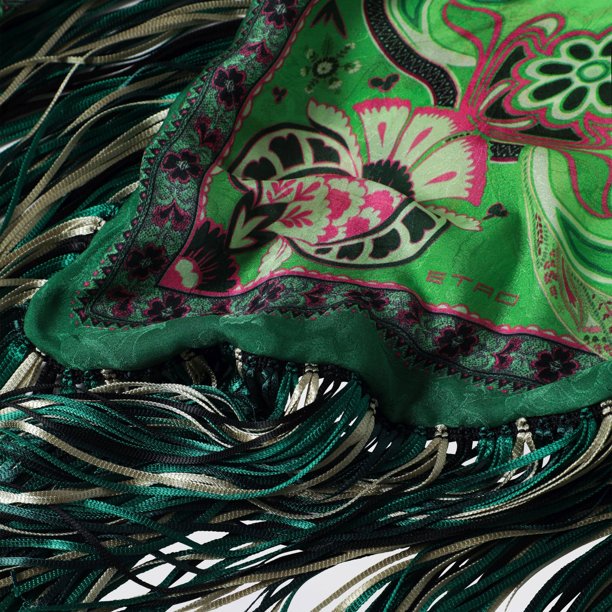 Green silk jacquard scarf with fringes