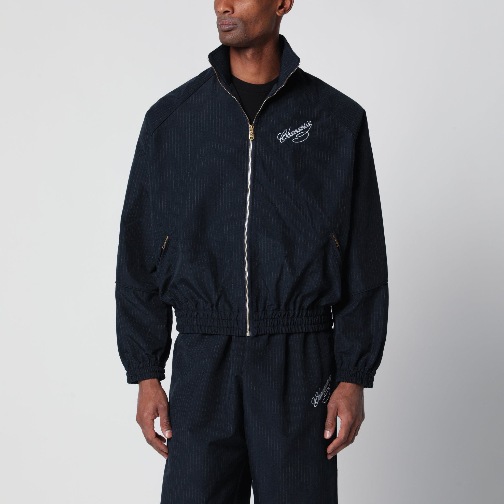 Pinstripe zip-up jacket with logo embroidery