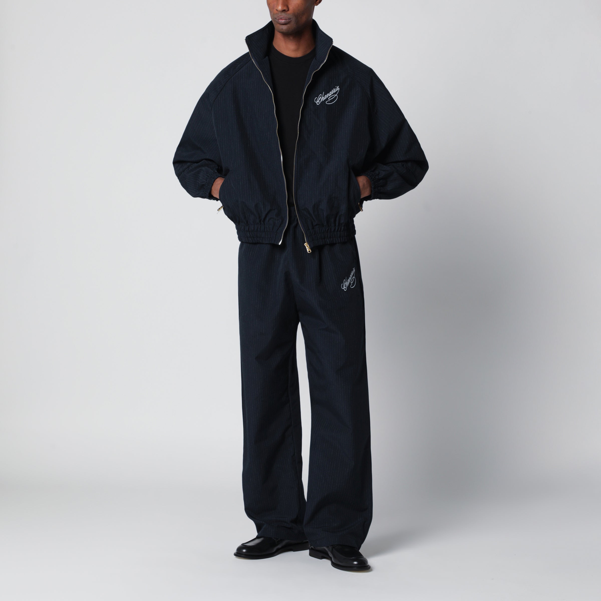 Willy Chavarria Pinstripe zip-up jacket with logo embroidery