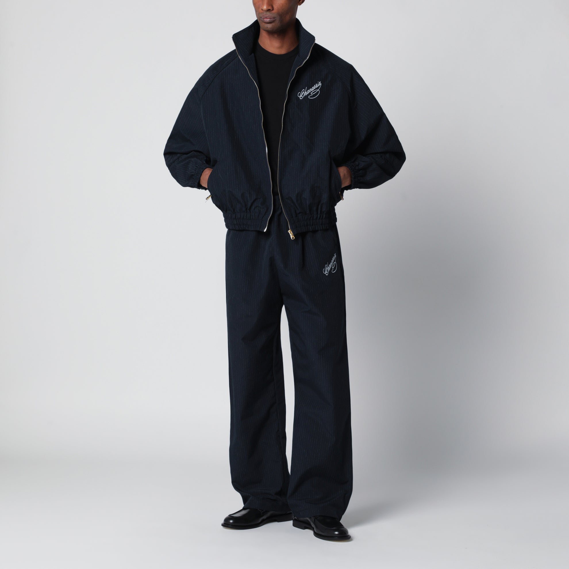 Pinstripe zip-up jacket with logo embroidery