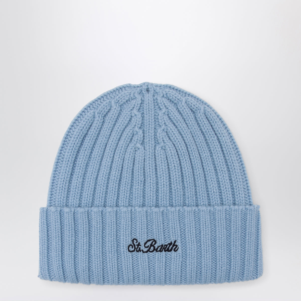 Berretto azzurro in lana con ricamo logo