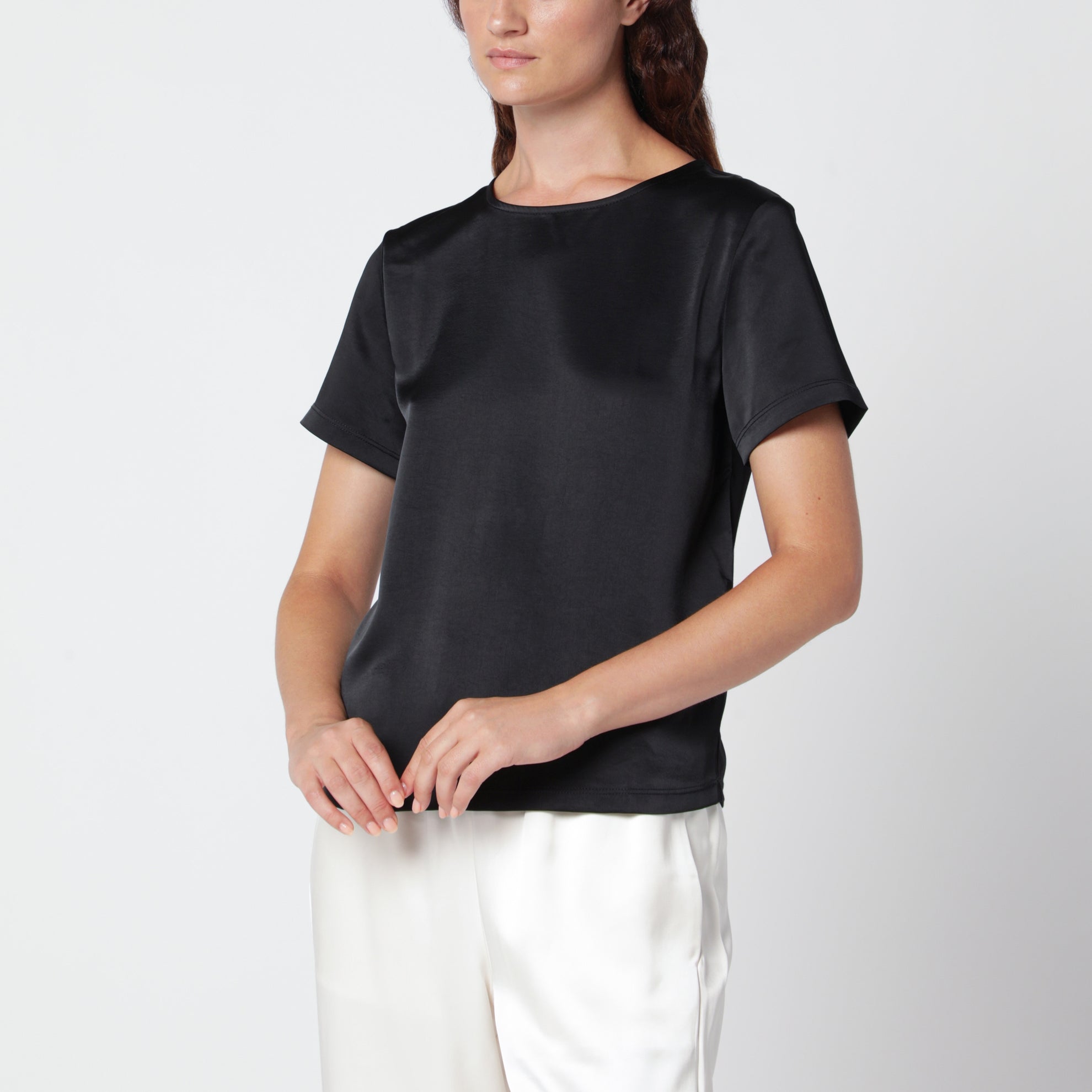 Black satin crew neck T-shirt