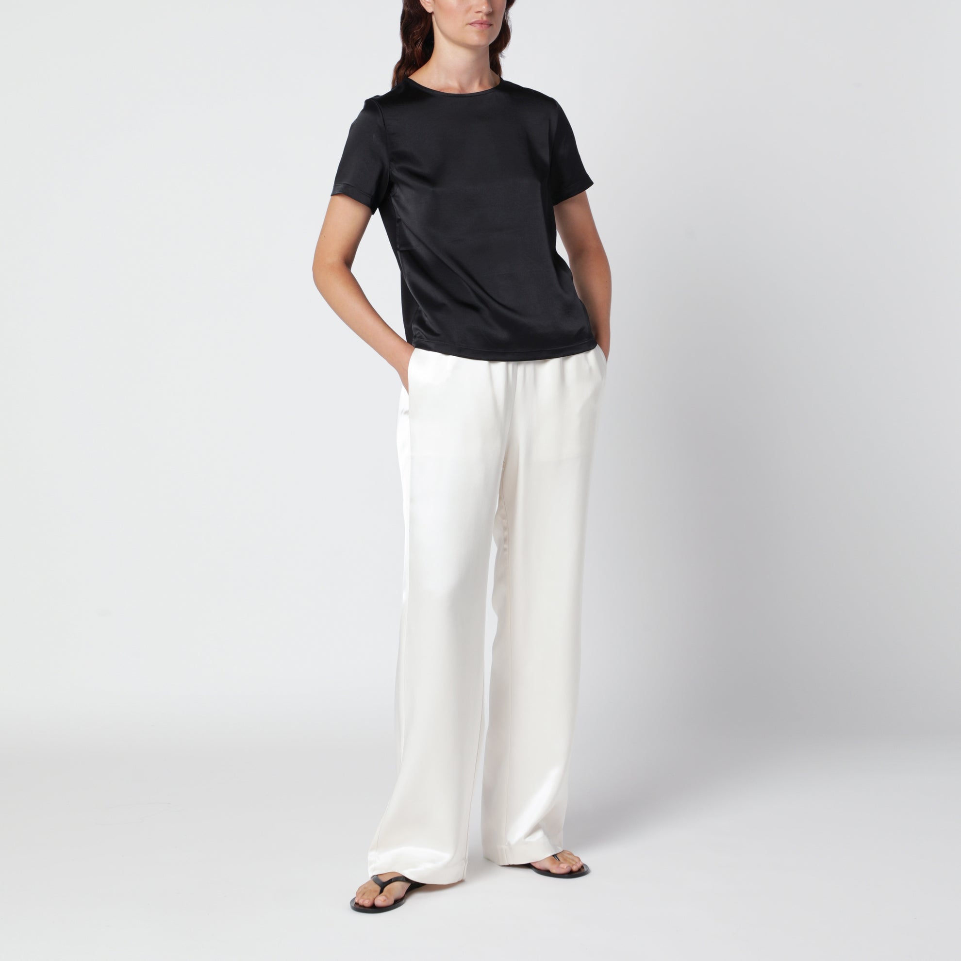 Black satin crew neck T-shirt