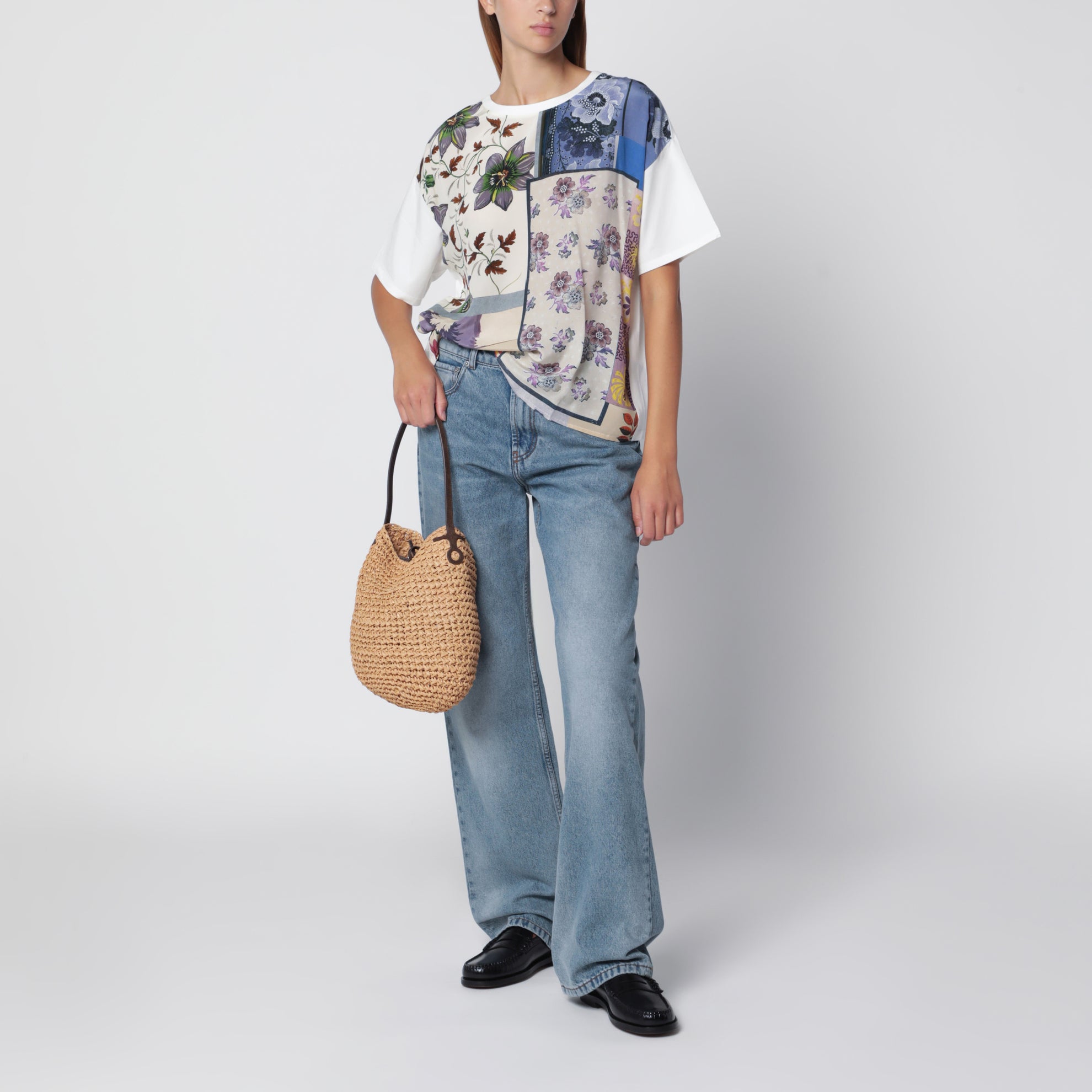 T-shirt in seta stampata e jersey di cotone stretch
