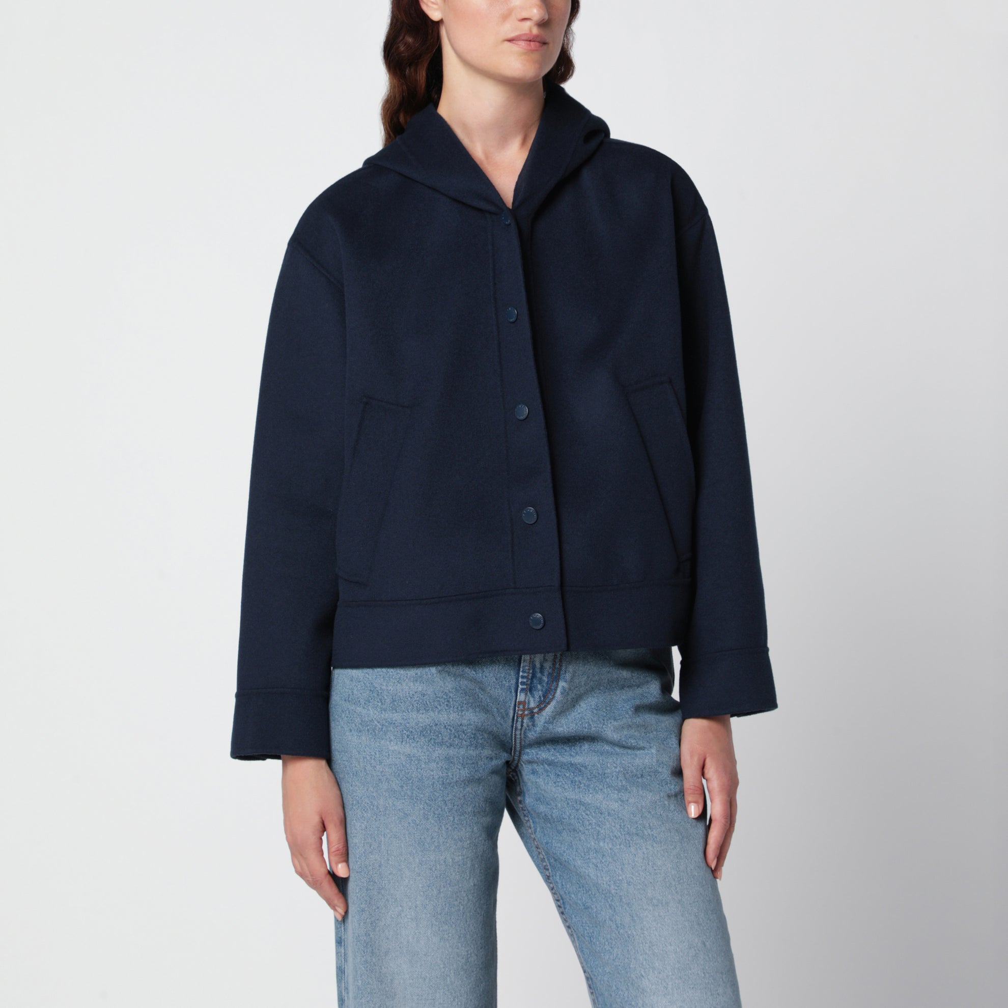 Giacca con cappuccio blu in lana