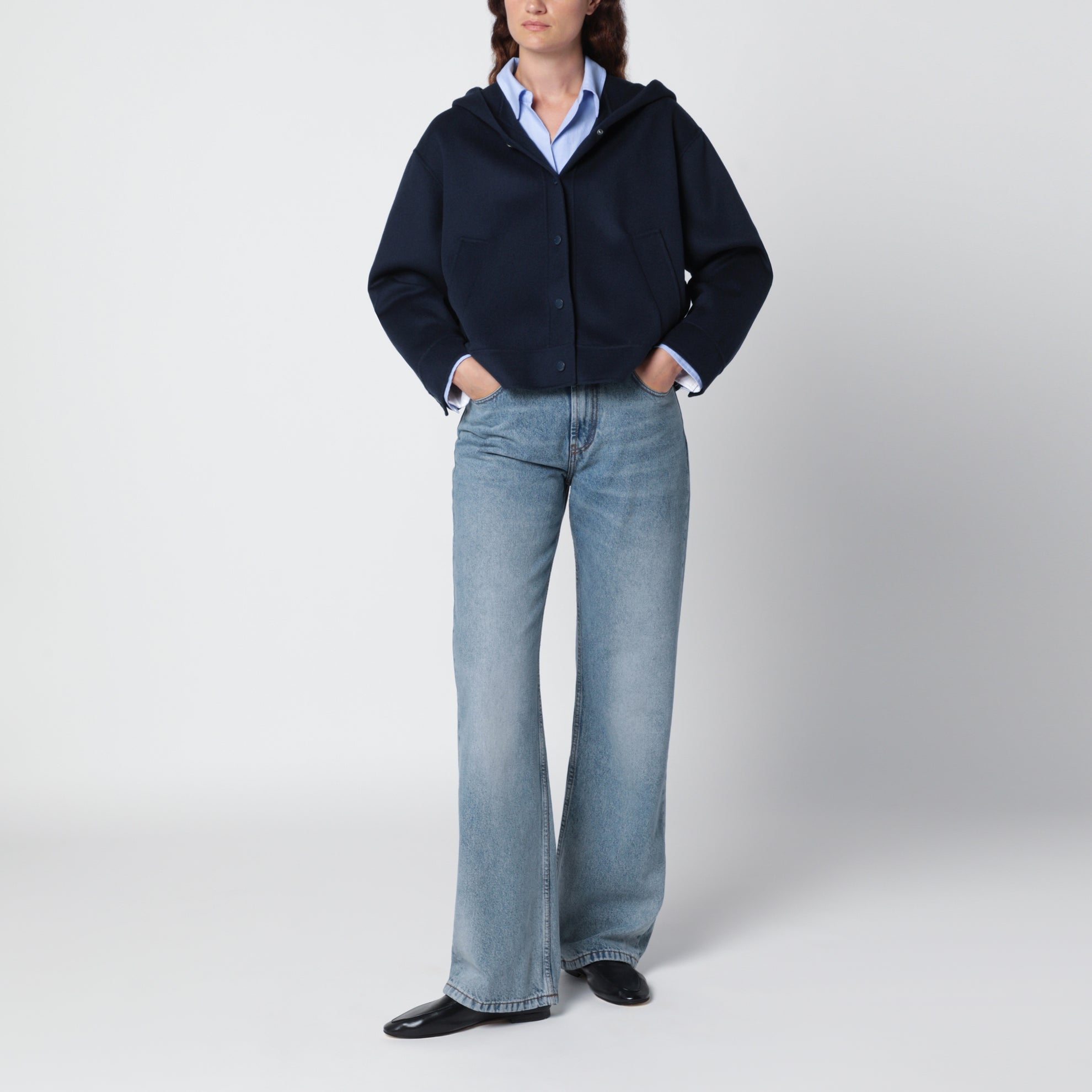 Giacca con cappuccio blu in lana