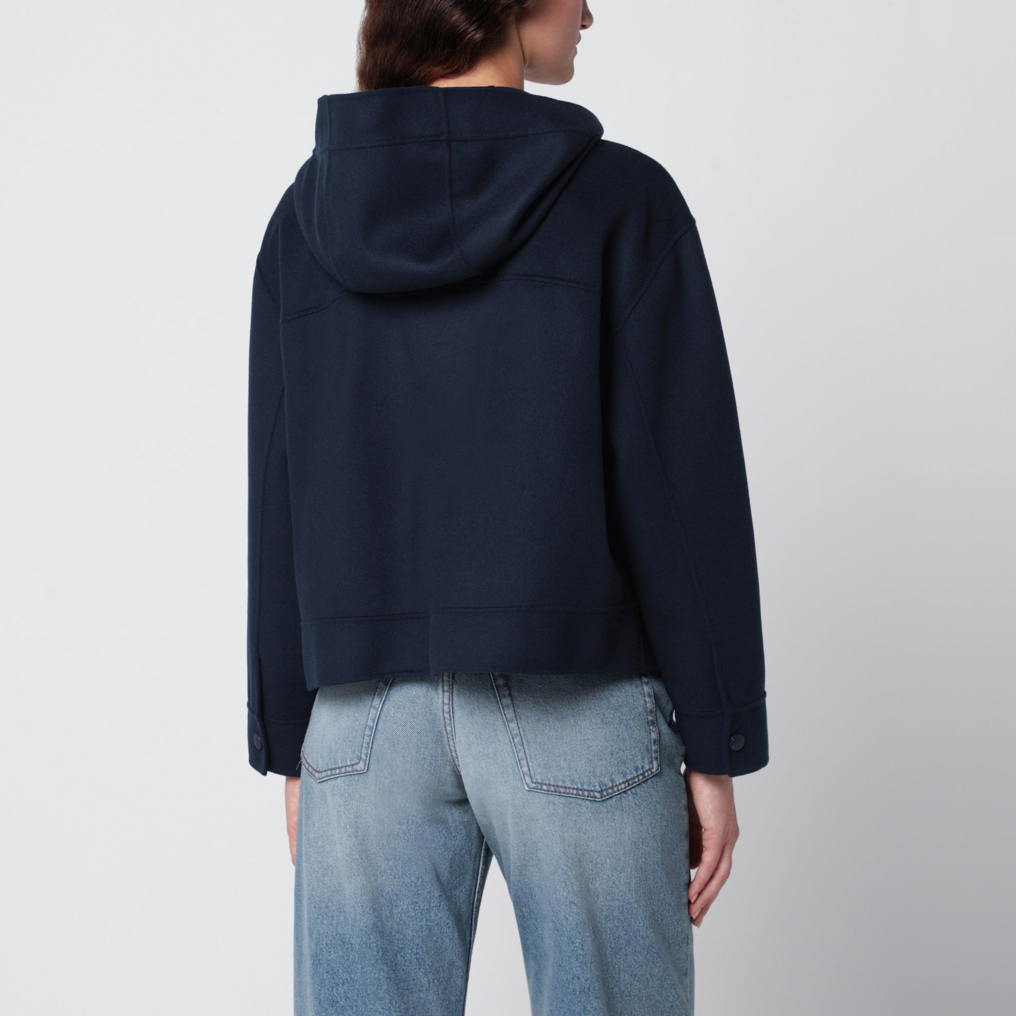 Giacca con cappuccio blu in lana