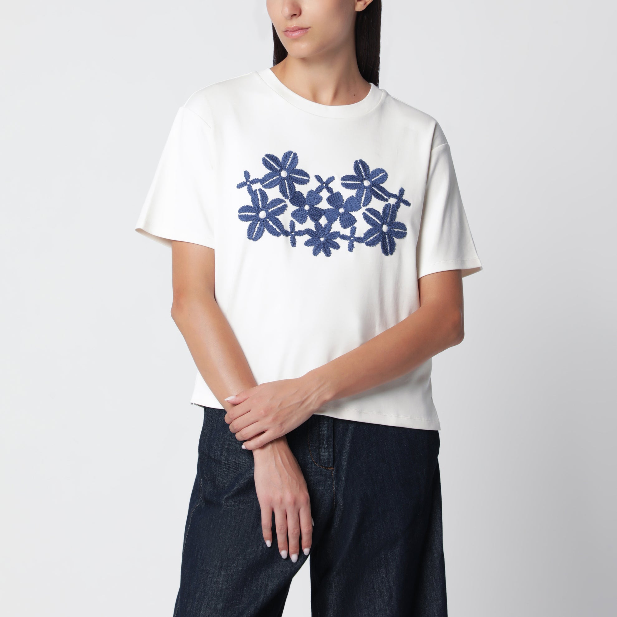 T-shirt en jersey de coton écru avec broderie
