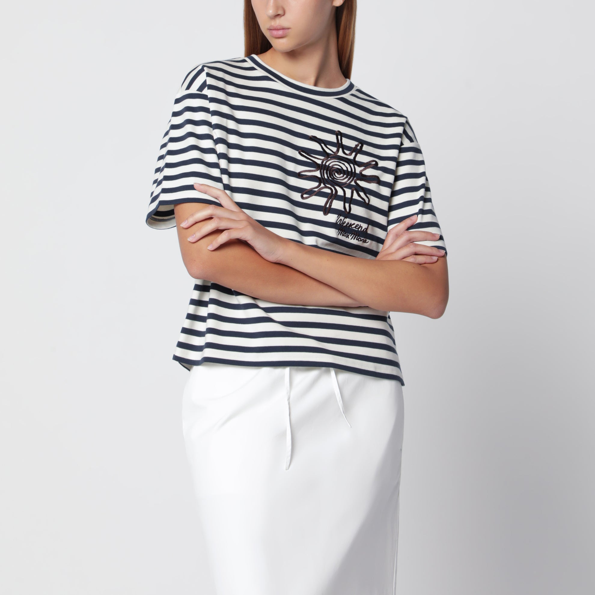 T-shirt in jersey di cotone a righe bianca/blu