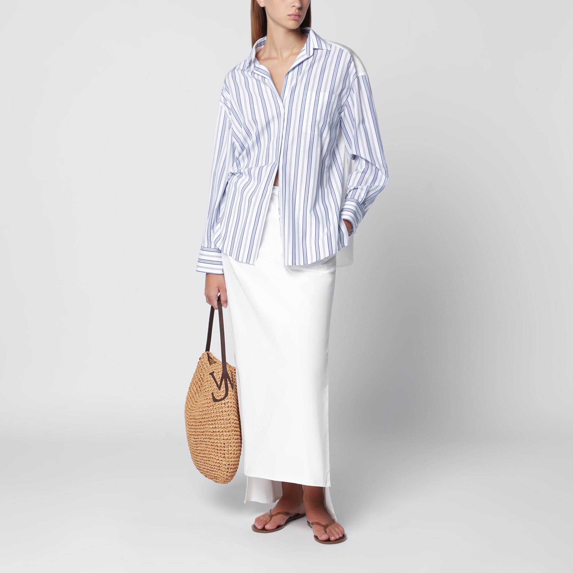 Camicia a righe bianca/blu con inserto in Sangallo