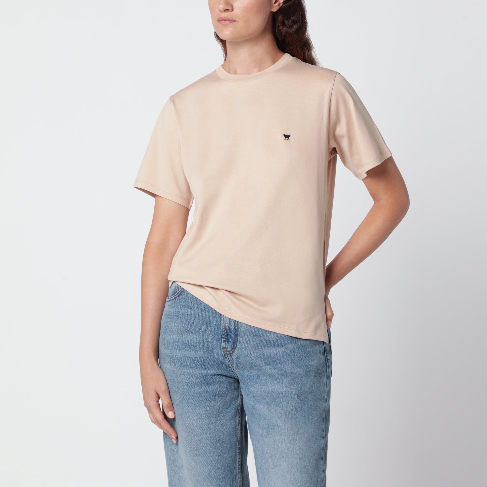 Powder pink T-shirt in cotton with logo embroidery