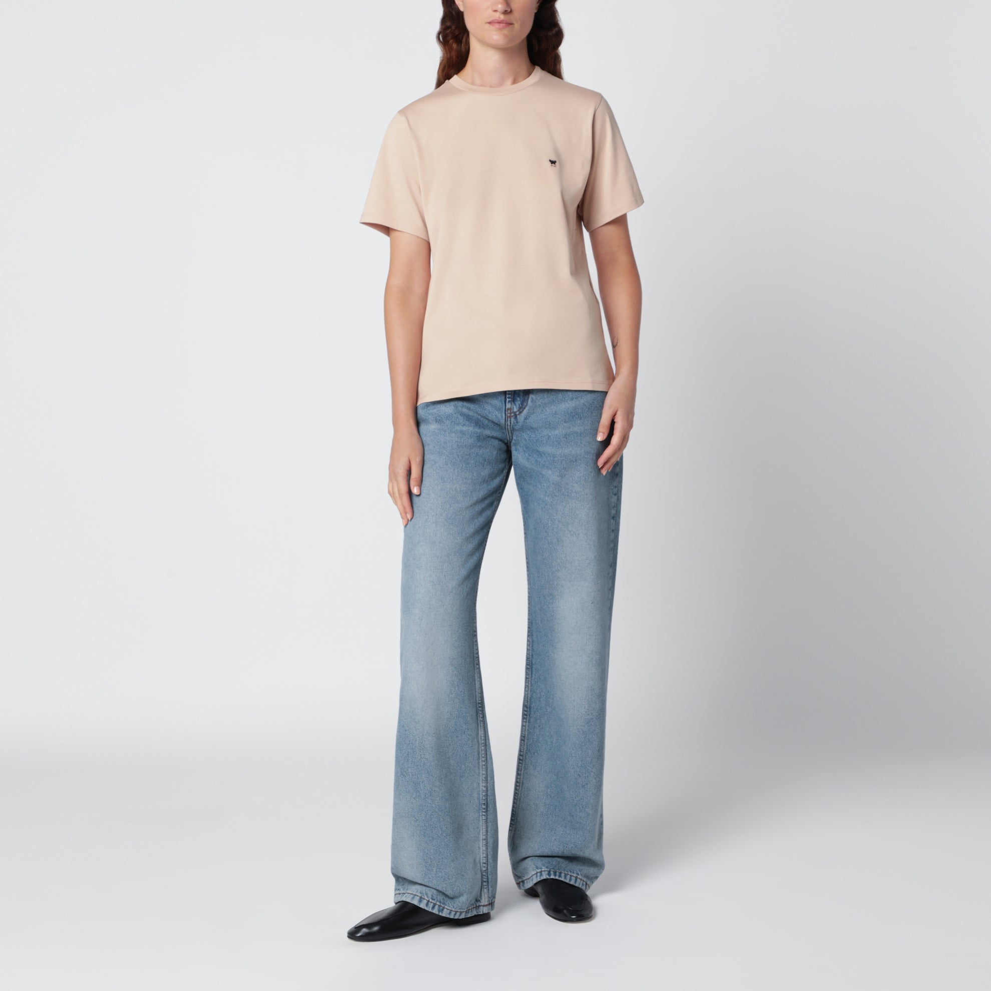 Powder pink T-shirt in cotton with logo embroidery