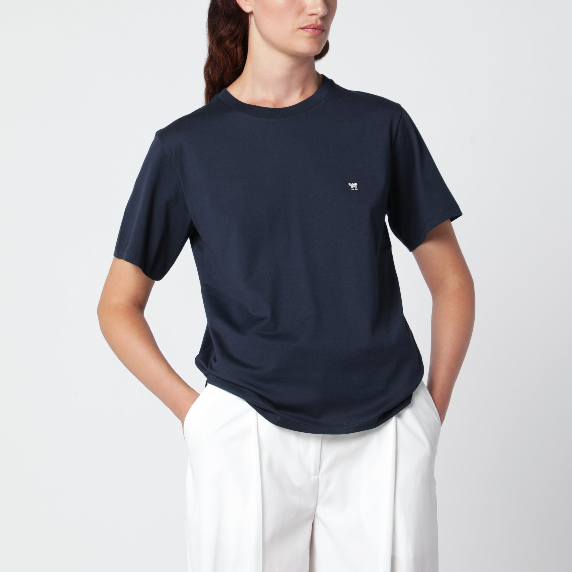T-shirt blu in cotone con ricamo logo