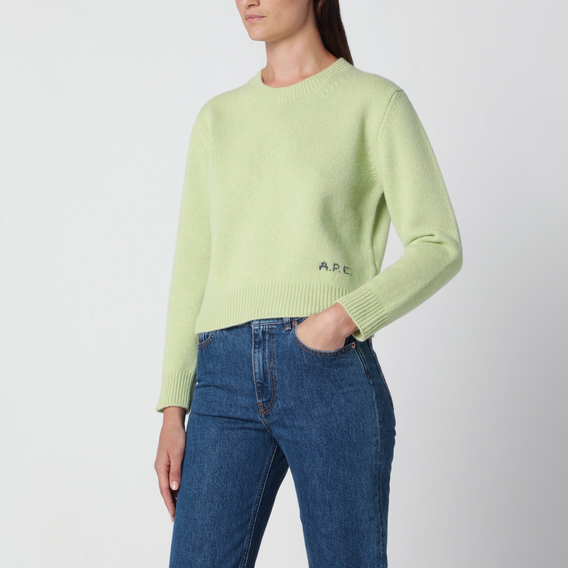 Pull col rond vert lime en laine