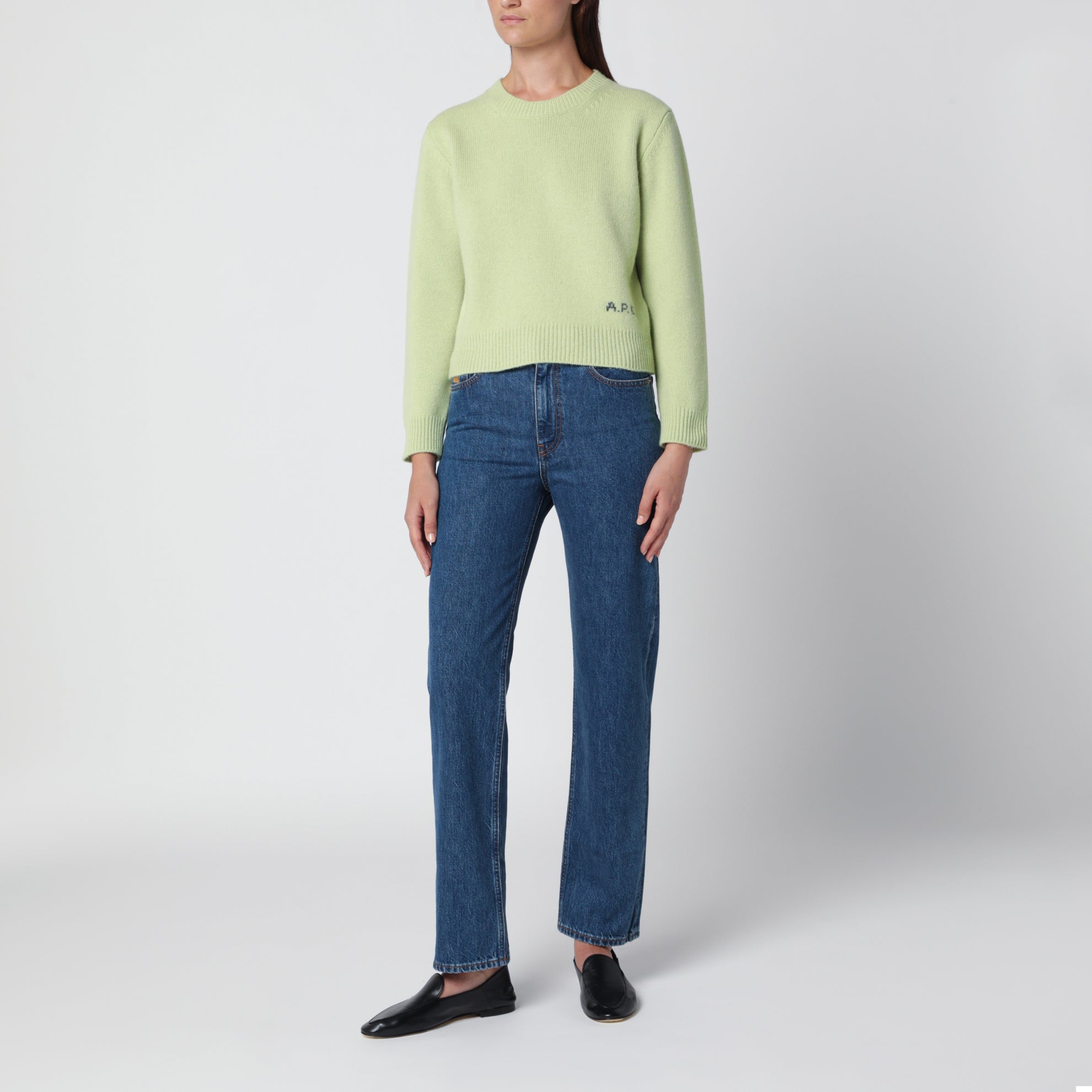 Pull col rond vert lime en laine