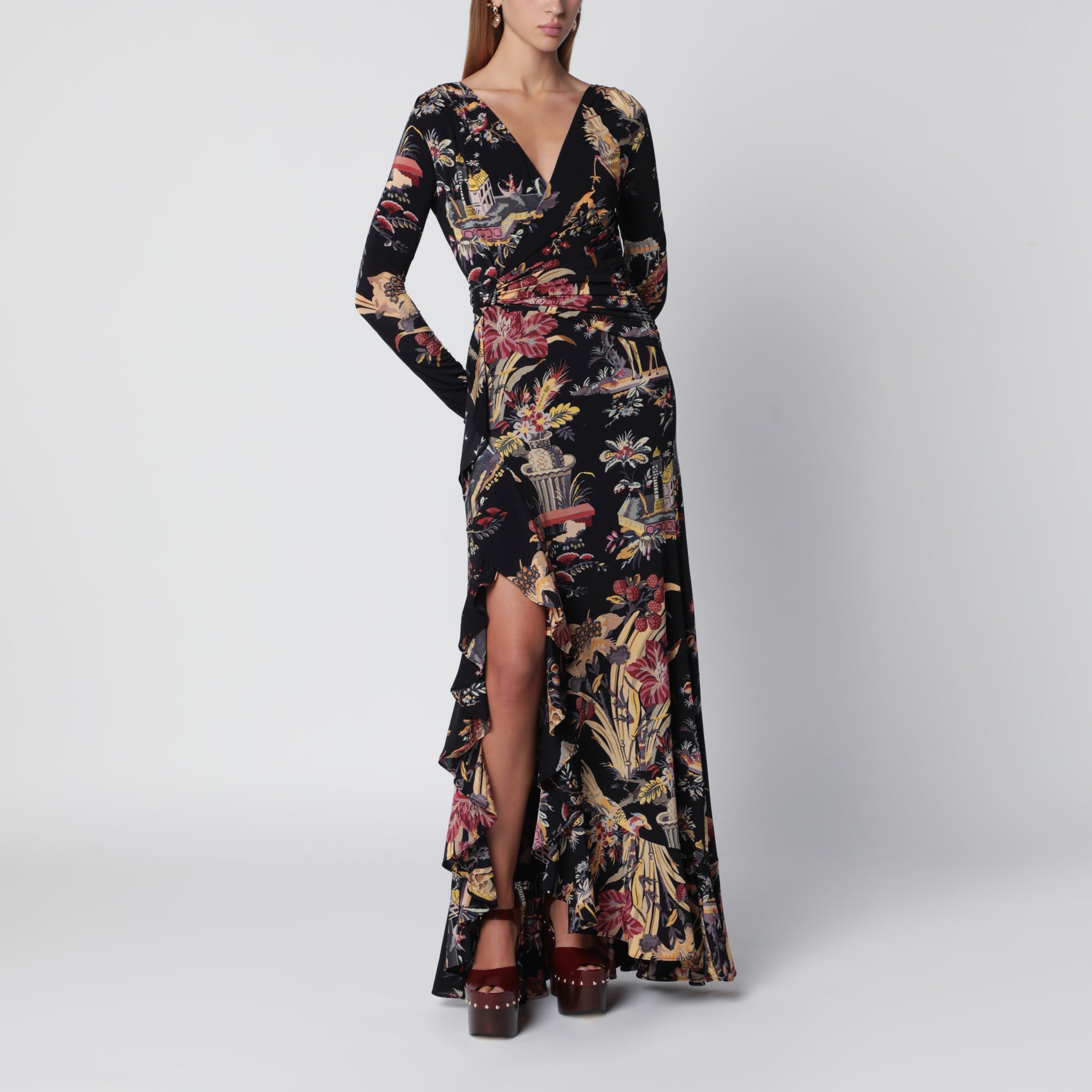 Robe longue portefeuille imprimée en jersey