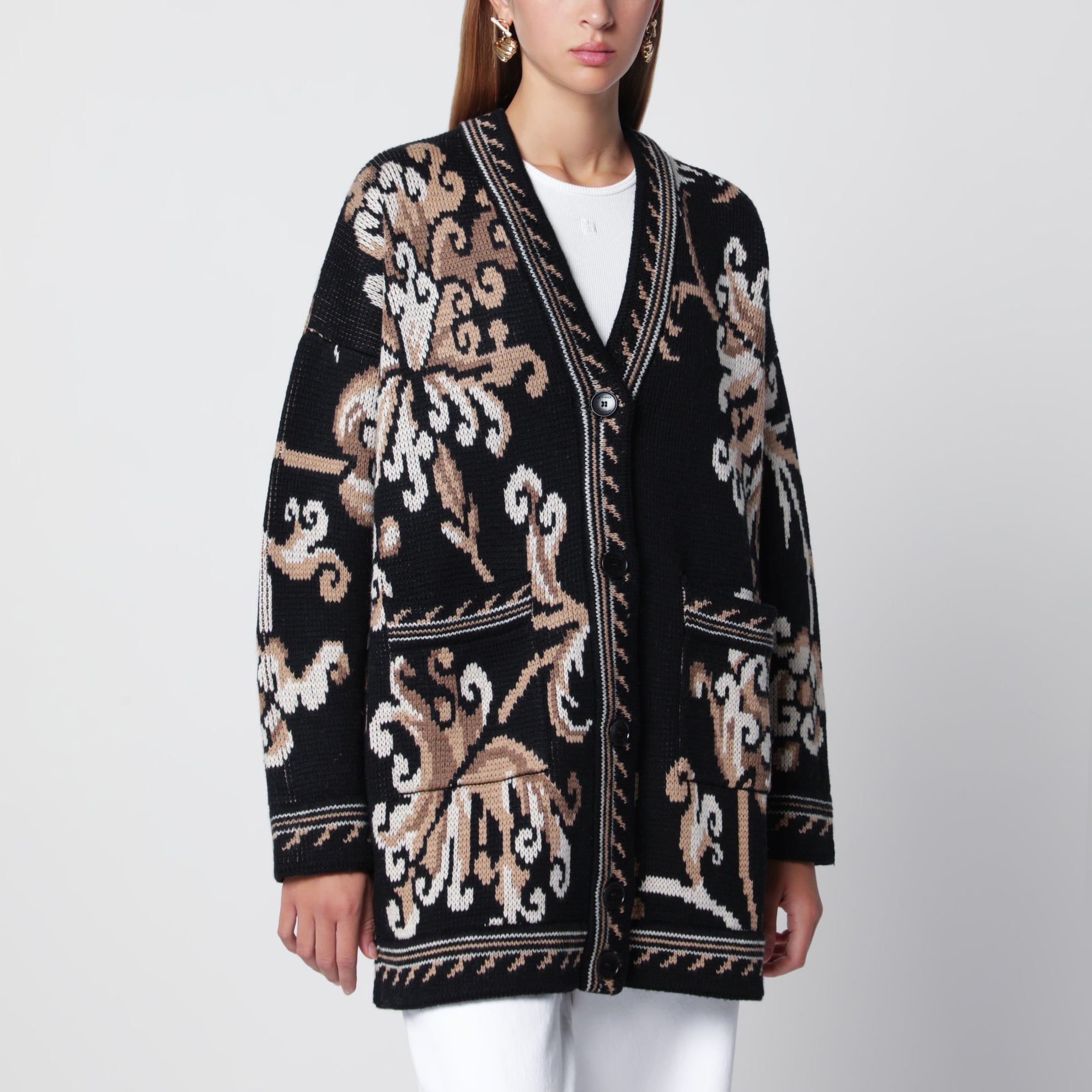 Schwarzer Jacquard-Cardigan aus Wolle