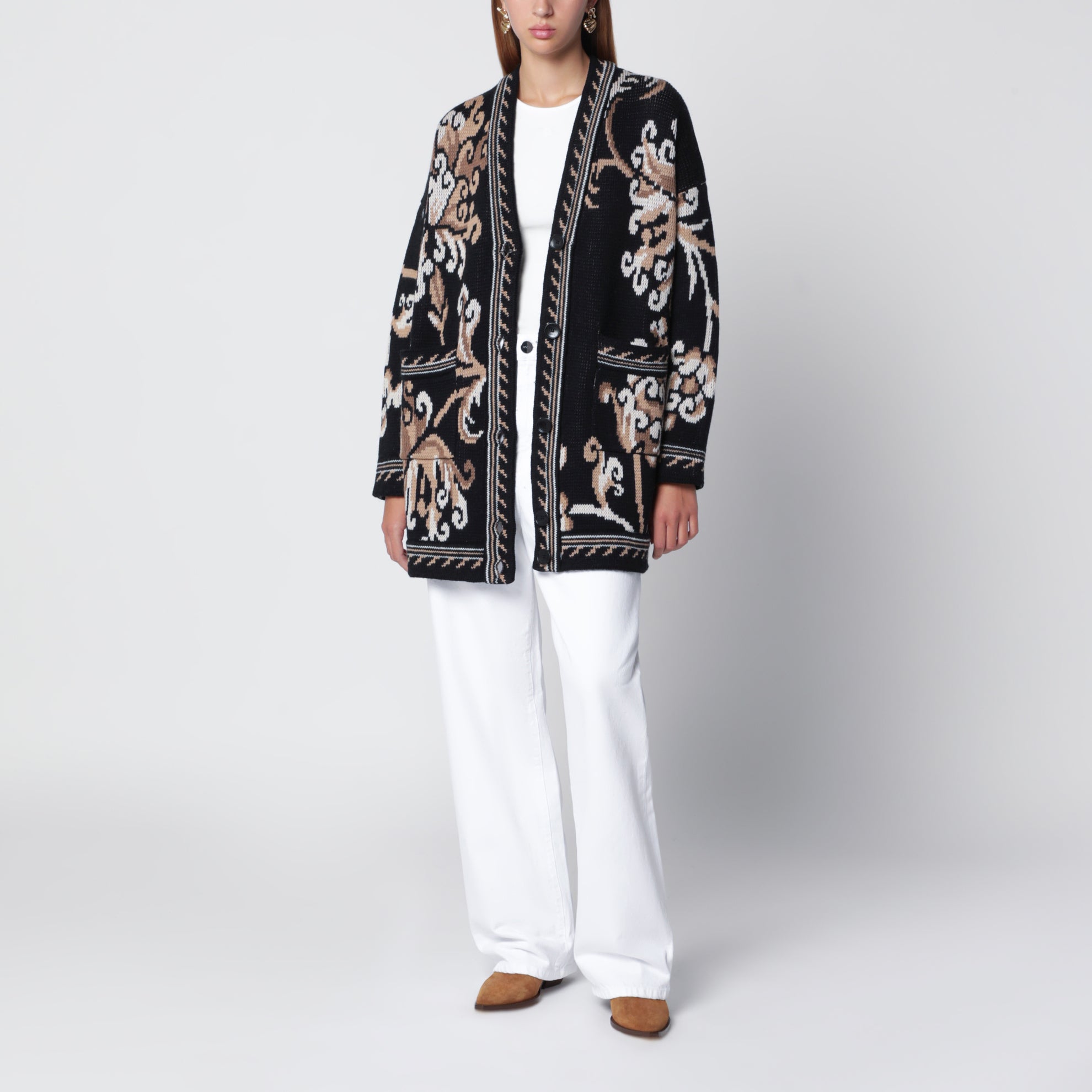 Schwarzer Jacquard-Cardigan aus Wolle