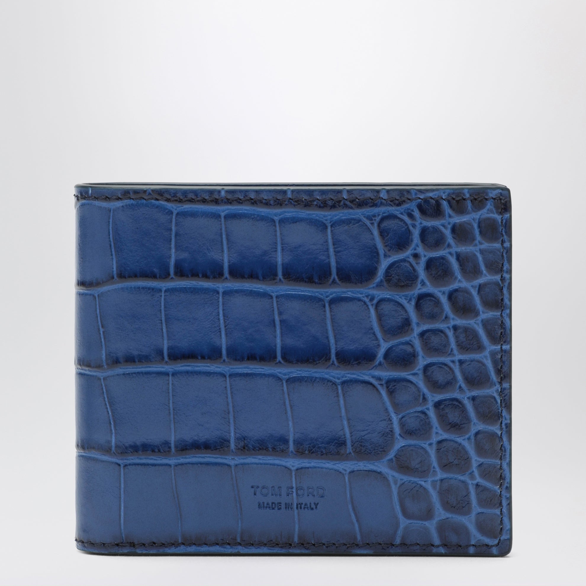 Portefeuille bifold bleu en cuir brillant effet crocodile