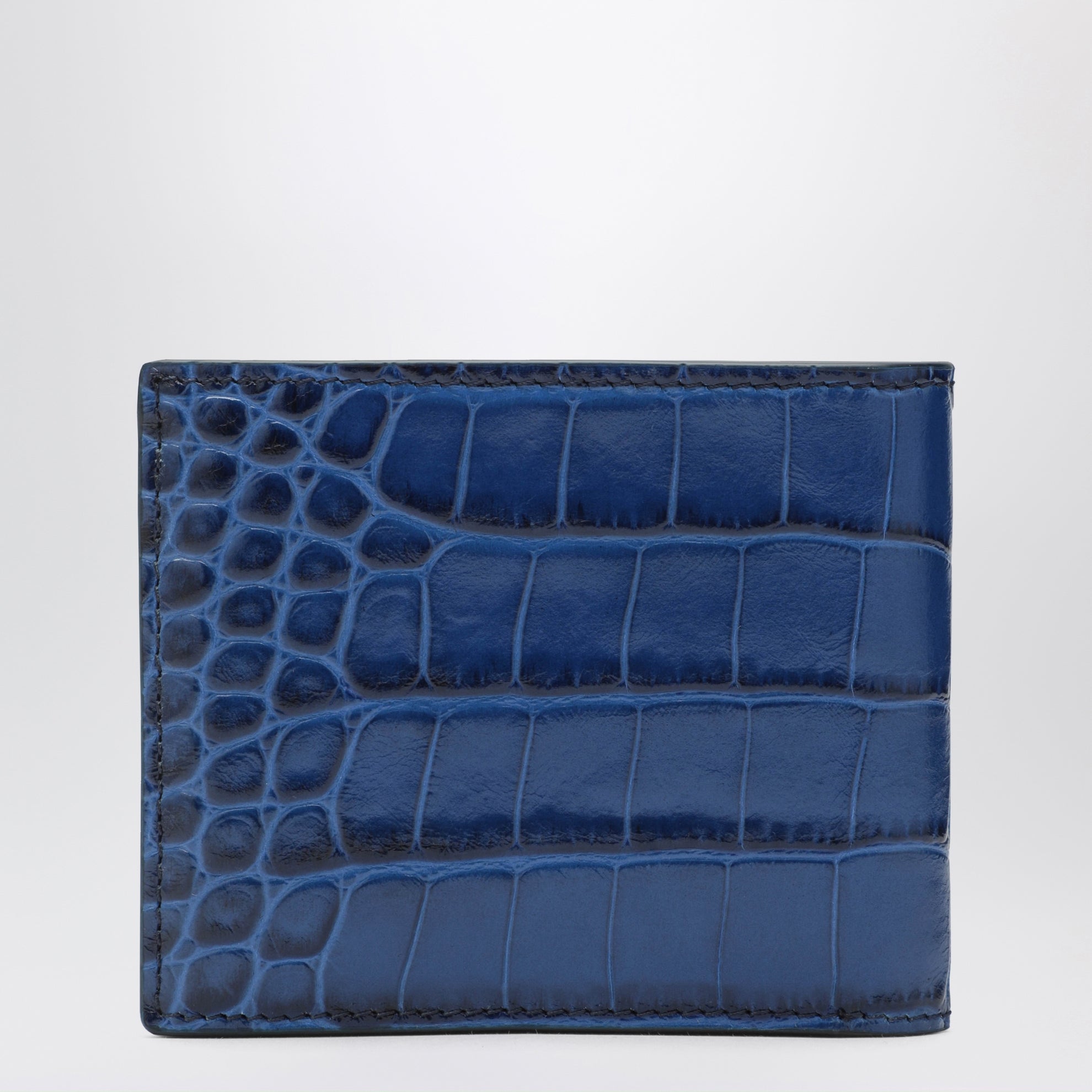 Portefeuille bifold bleu en cuir brillant effet crocodile