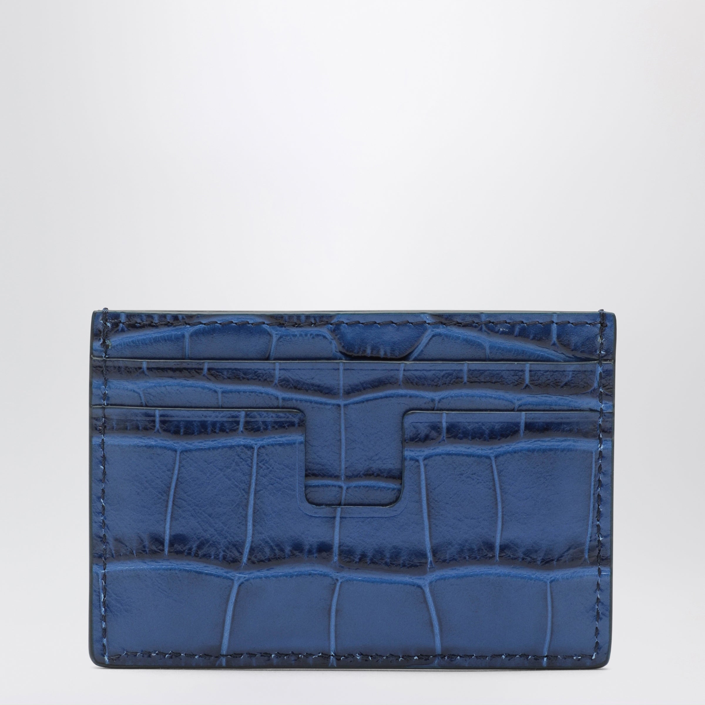 Tom Ford Card holder in blue glossy crocodile-effect leather